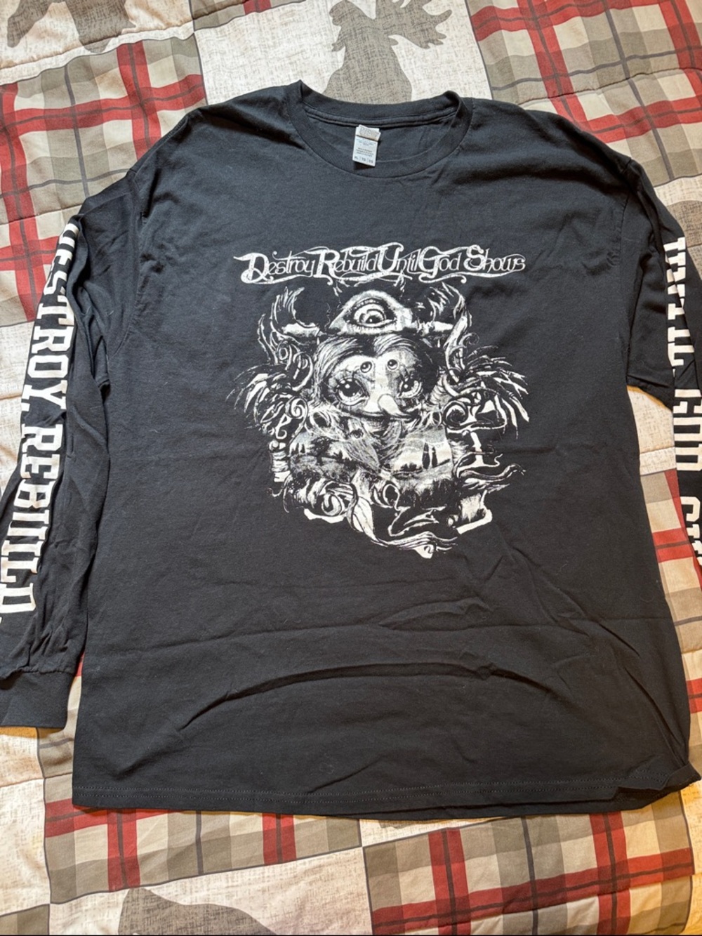 Black Long-Sleeve Graphic Men’s Shirt - Destroy Rebuild Untill God Shows. DRUGS